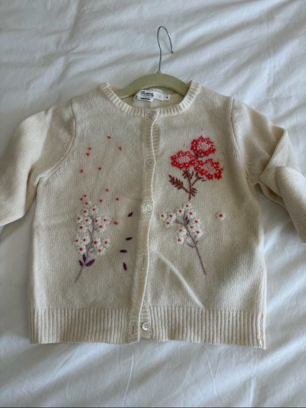 Bonpoint Girls Cream Cardigan with Pink Floral Embroidery